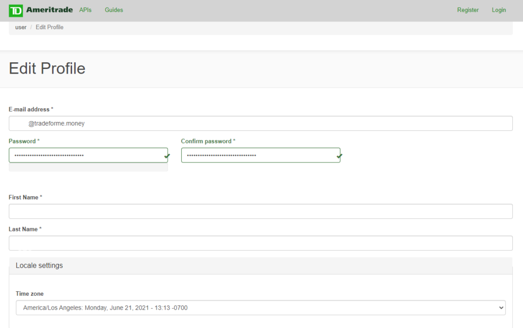 TD Ameritrade Developer profile page